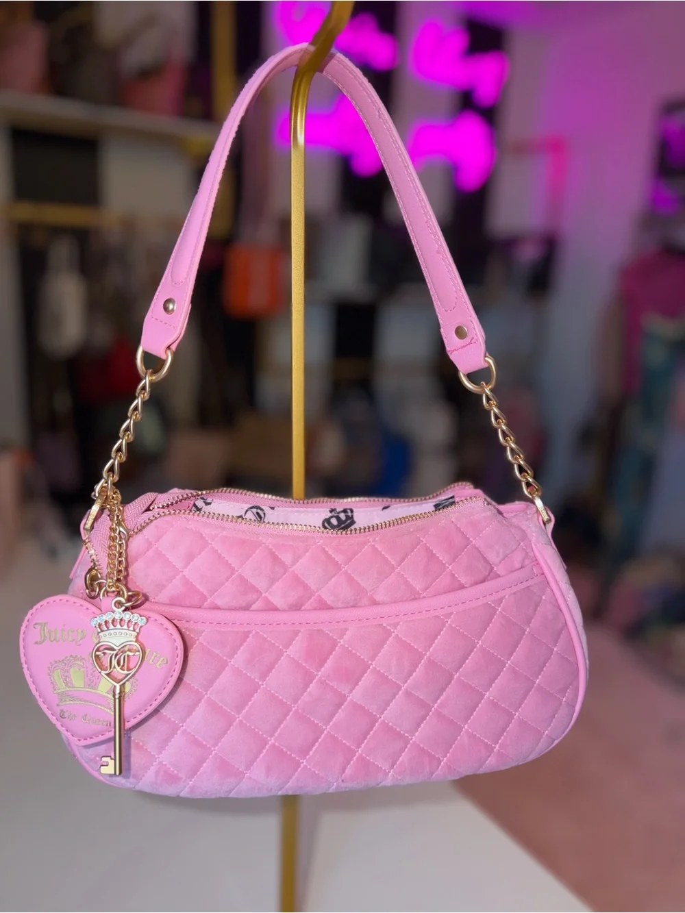 Juicy Couture Pink Velour Quilted Shoulder Bag w/ Heart Mirror & Key Charm gold